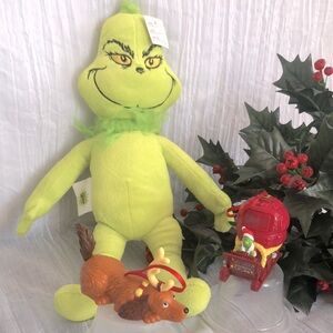 THE GRINCH STOLE CHRISTMAS large stuffed plush toy & Max plastic toy ornaments
